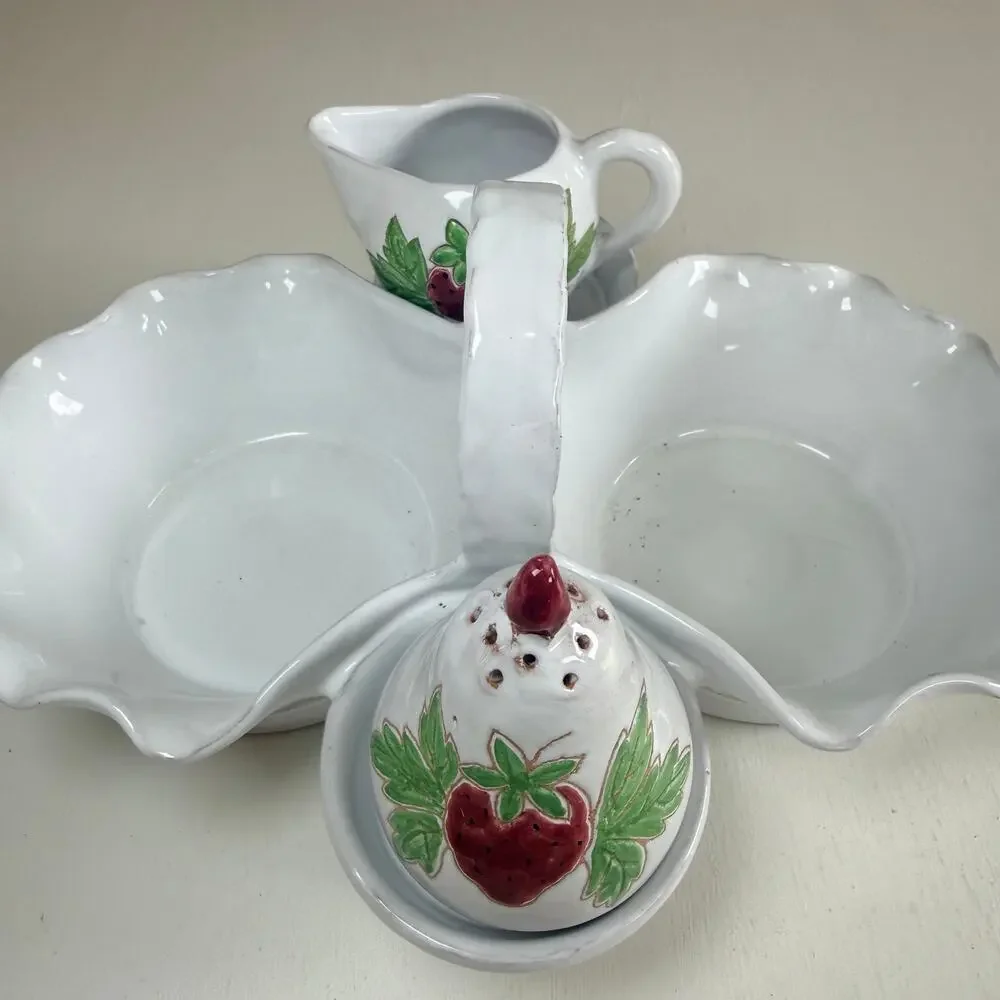 Vintage Italian Pottery Strawberry Creamer Sugar Cottagecore Serving Basket